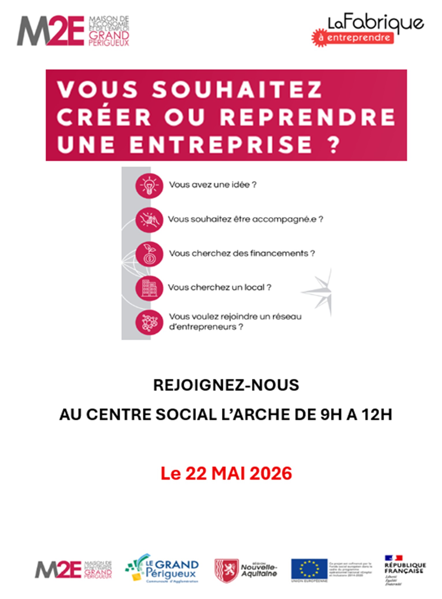 Affiche rendez-vous La Fabrique à Entreprendre à l'Arche - mai 2026